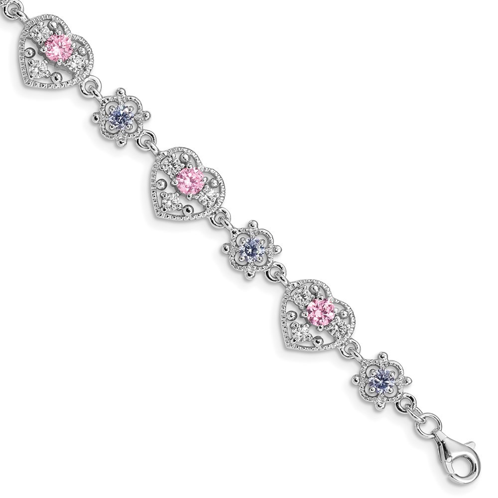 925 Sterling Silver Rhod-plated 7inch Pink and Clear CZ Heart Bracelet, 7 Length